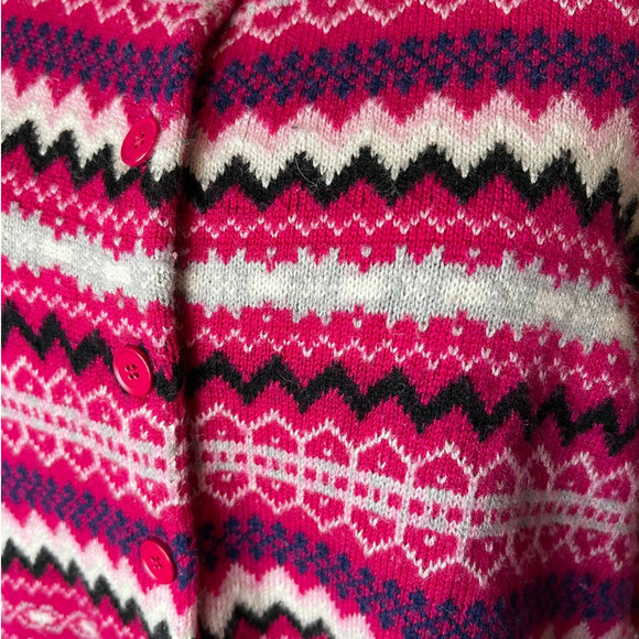 Talbots Fair Isle Cardigan Sweater Size L Pink Multicolor Nylon Lambswool Blend - Picture 2 of 5